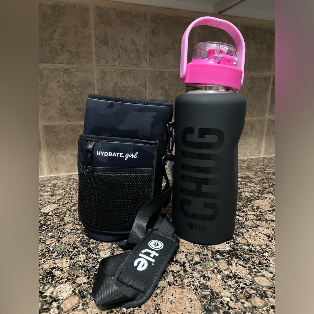 Black and Pink Water Bottle with Carrier